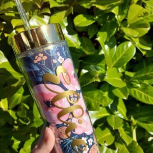Flower water drinks plastic bottle with removable straw. 16oz Hot and Cold drinks Navy or White