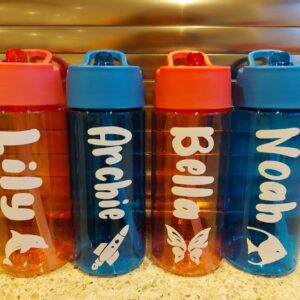 Personalised water bottle, 400ml plastic drink tritan with straw. Back to School, Name Label, Party Favours