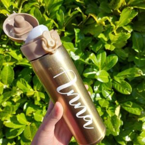 Gold Personalised Bottle. Insulated flip top flask. Hot and Cold Drinks. 400ml.