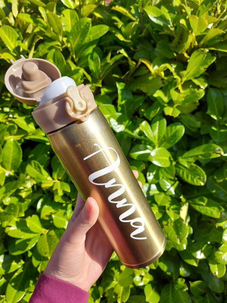 Gold Personalised Bottle. Insulated flip top flask. Hot and Cold Drinks. 400ml.