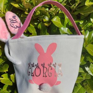 Personalised Easter tail pom pom canvas basket, Bunny Bag, Egg hunt Bucket, Kids Bunny Basket with Name, Custom Easter Gift for Girls Boys