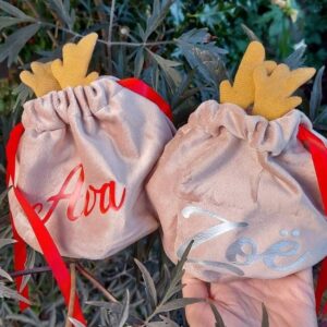 Velvet brown reindeer antlers bag, red / silver font personalisation, gifts for kids, Drawstring bag, First Christmas, Xmas Treats