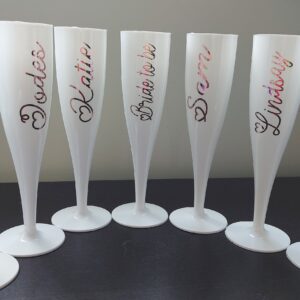 Personalised Prosecco Plastic Glass, white Champagne Flute, 175ml, Bride, Bridesmaid, Hen Do, Party Decor, Wedding Favours, Baby Shower