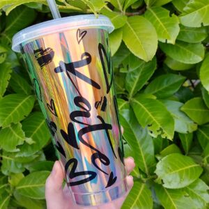 Personalised 24oz Cold Cup & Straw, Opal pearlescent shimmer, Holographic silver, Leopard, hearts, Tumbler, Gift, Reusable, Starbucks style