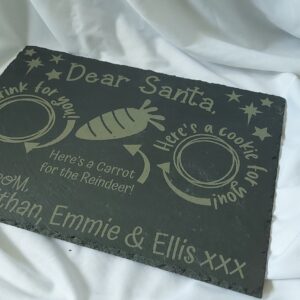 Santa Treat Plate Personalised, Engraved Slate, Christmas Eve Tradition, Treats for Santa, Drink, Biscuit and a carrot for the reindeer.