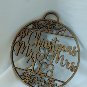 First Christmas 2023 bauble Black Walnut finish. Just married ,Wedded Bliss. Gift for Mr & Mrs, ornament, decoration, wooden laser cut