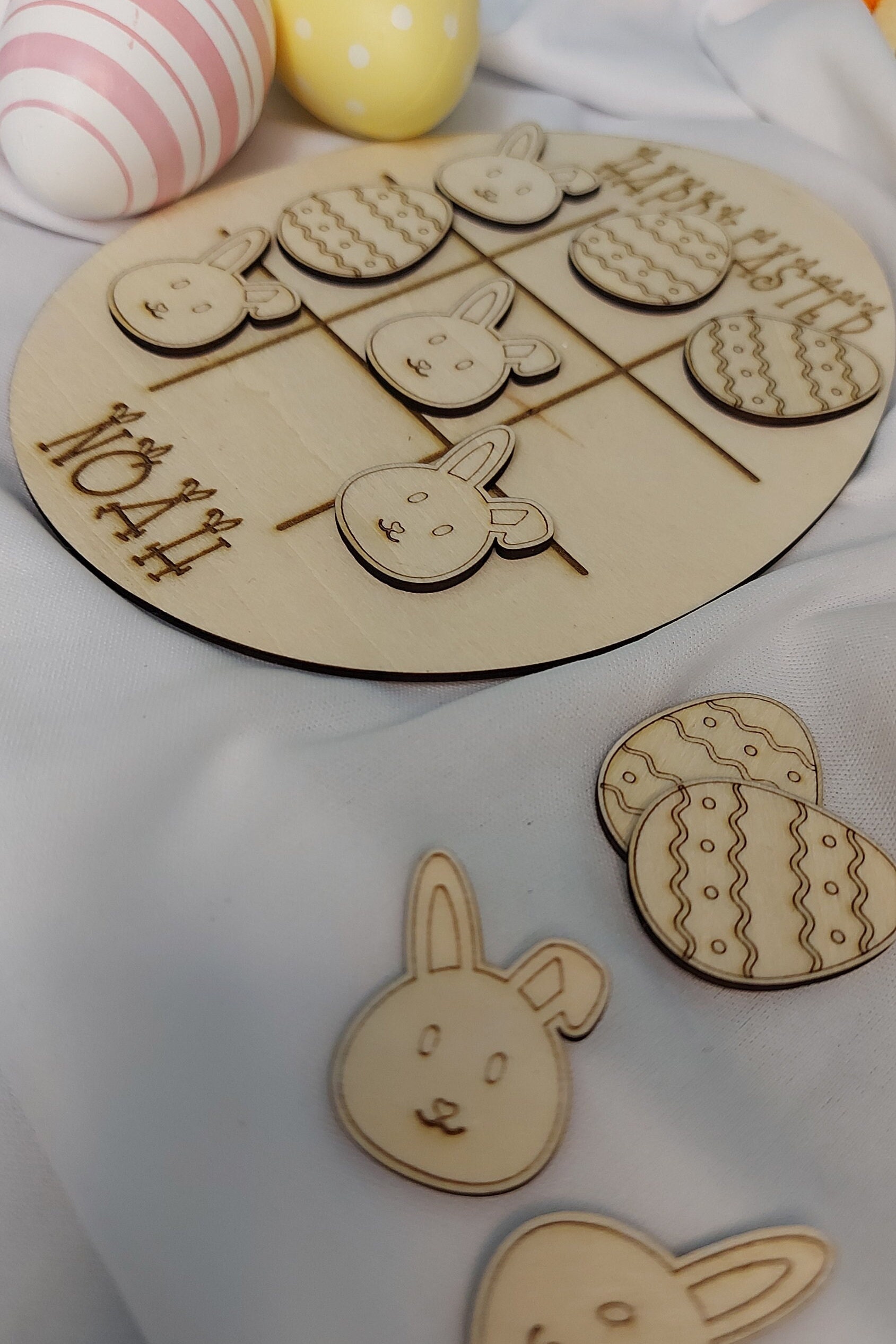Easter gift, egg noughts & crosses, Personalised, Tic Tac Toe, Wooden, Easter bunny Games, Kids easter crate, Basket filler, Easter Egg Hunt - Image 4
