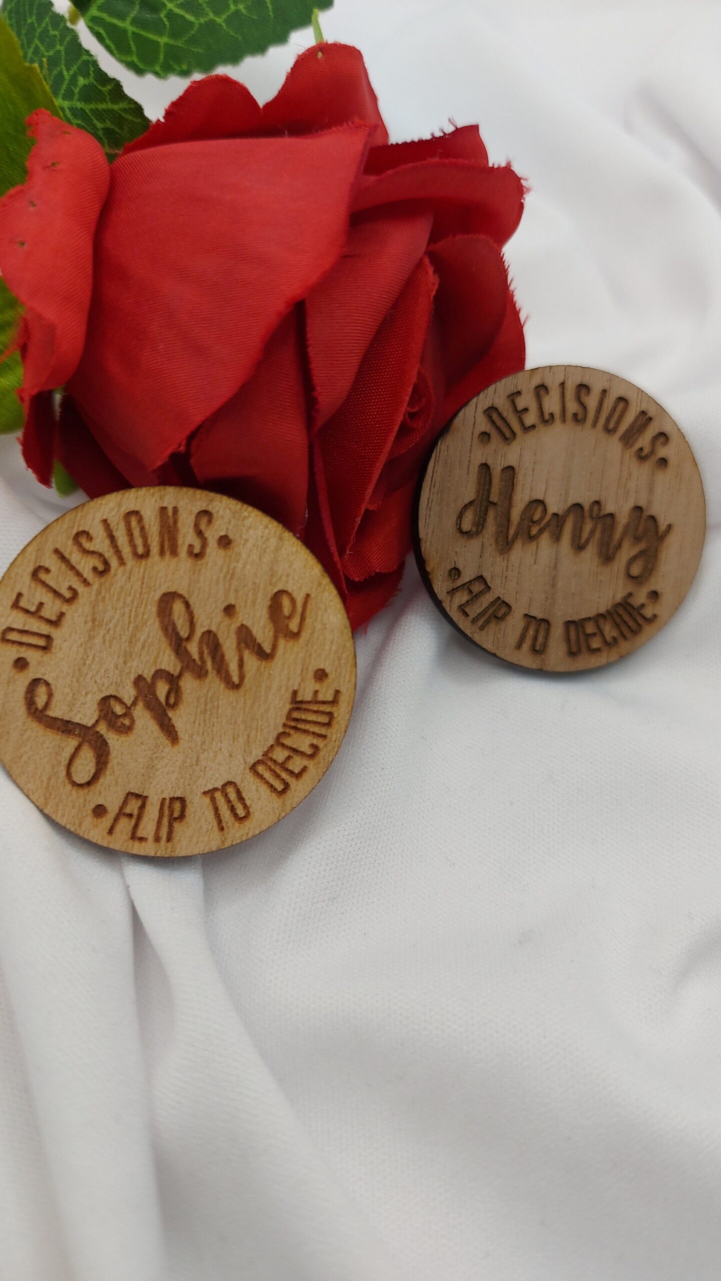 Valentines Day Personalised gift for couple, Wedding fun wooden decision coin, boyfriend girlfriend, him/her gifts, Flip token head or tails - Image 3