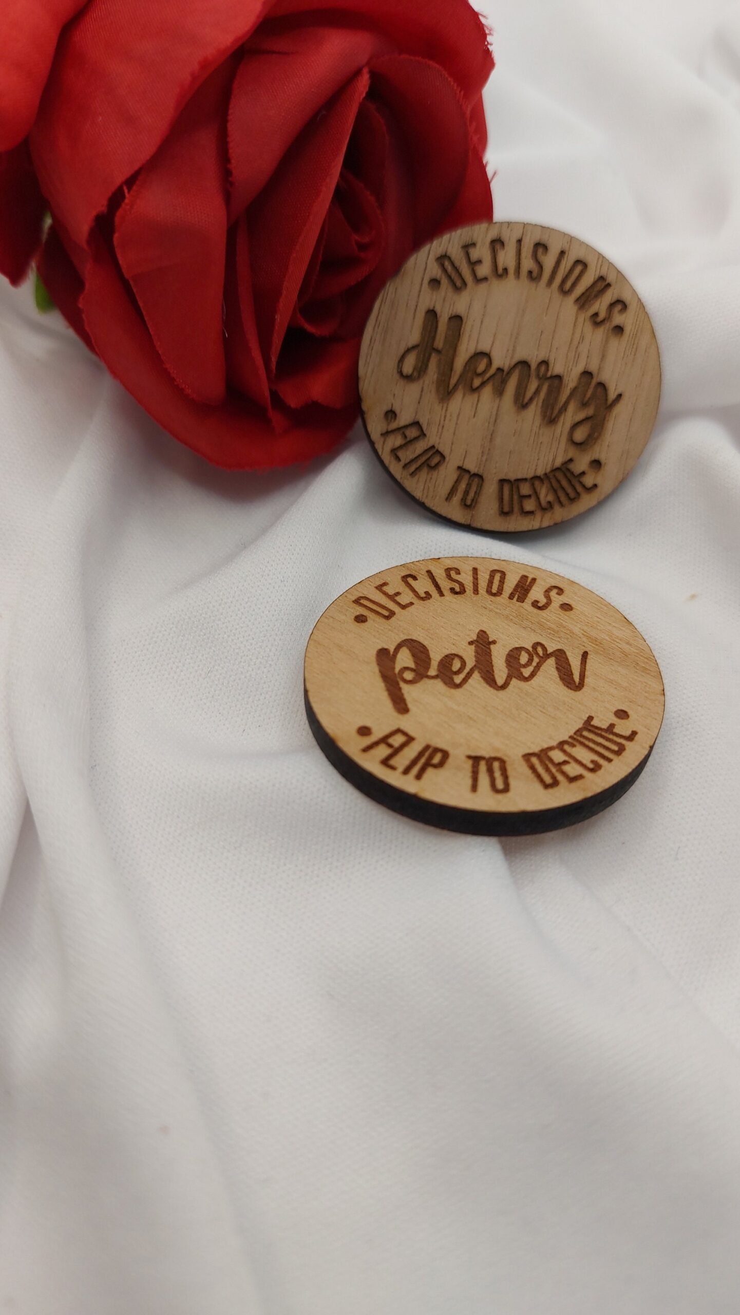 Valentines Day Personalised gift for couple, Wedding fun wooden decision coin, boyfriend girlfriend, him/her gifts, Flip token head or tails - Image 4
