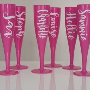 Personalised Prosecco Plastic Glass, Hot Pink Champagne Flute, 175ml, Bride, Bridesmaid, Hen Do, Party Decor, Wedding Favours, Baby Shower