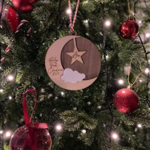 Stars and Moon wooden ornament, 2024 Baby's first Christmas, 1st xmas bauble, Custom name on maple moon. Personalised moon and cloud
