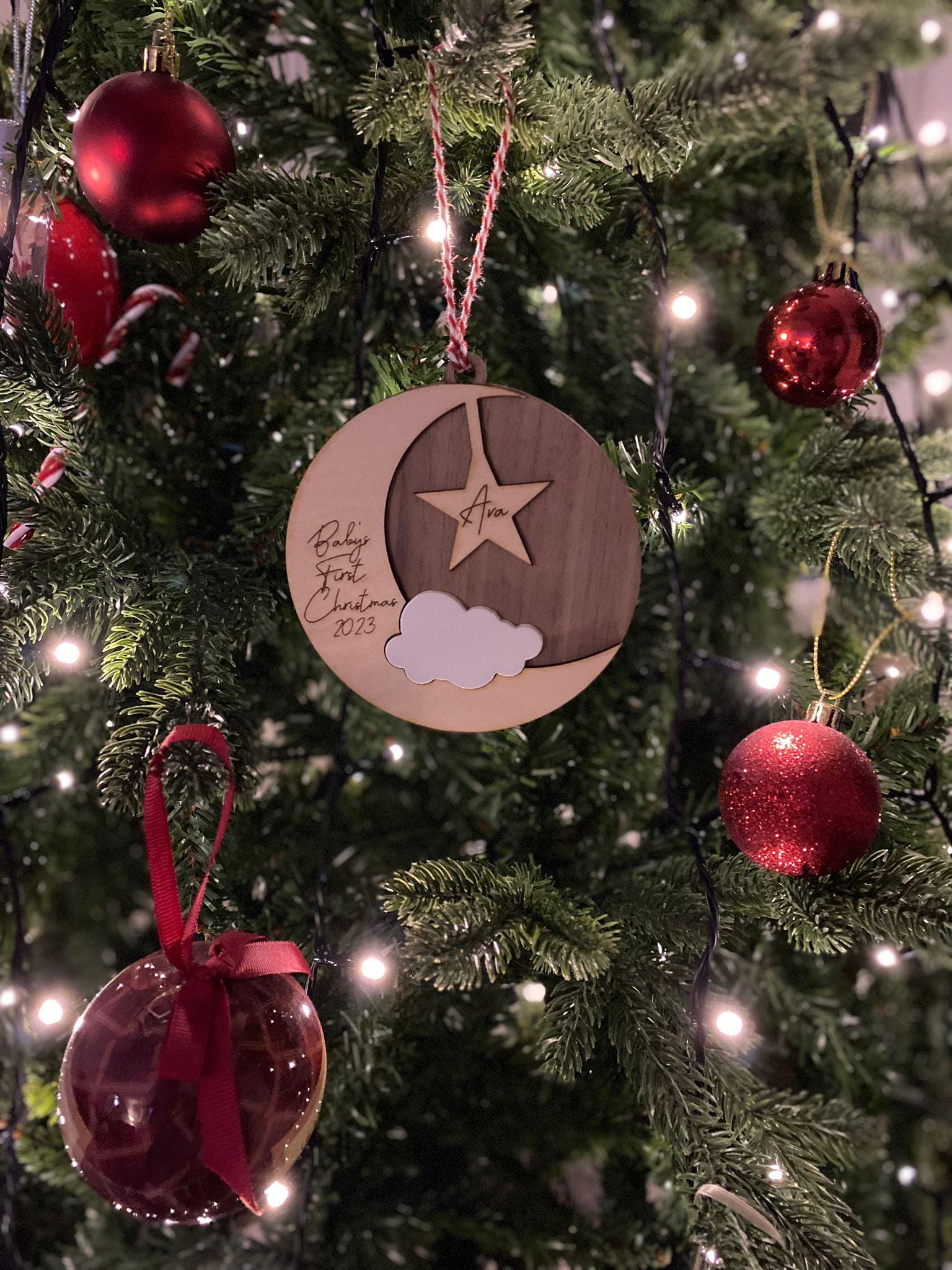 Stars and Moon wooden ornament, 2024 Baby's first Christmas, 1st xmas bauble, Custom name on maple moon. Personalised moon and cloud