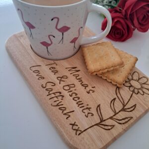 Tea & Biscuit Wooden Board, Personalised Gift, Mothers Day, Mama, Nanny, wild flowers, Engraved, Serving Tray, Birthday, Christmas Present