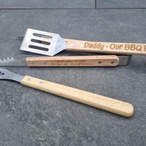 BBQ season, personalised bbq tools, rubber wood handle, Fathers Day Gift, Dads Birthday, Men's presents, Outdoor Kitchen, grill tongs fork